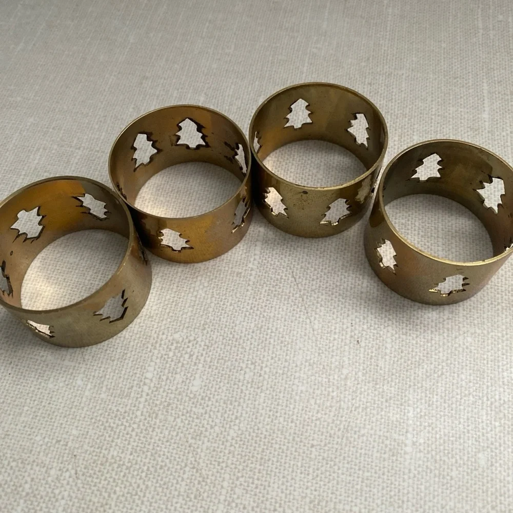 Vintage‎ Brass Laser Cut Christmas Tree Cut Out Napkin Rings Set of 4 Holiday
